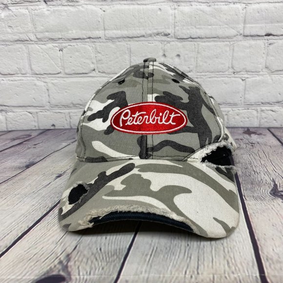 Peterbilt Camo Hat Distressed Cap Black Gray White Embroidered Logo Outdoors - Picture 5 of 11